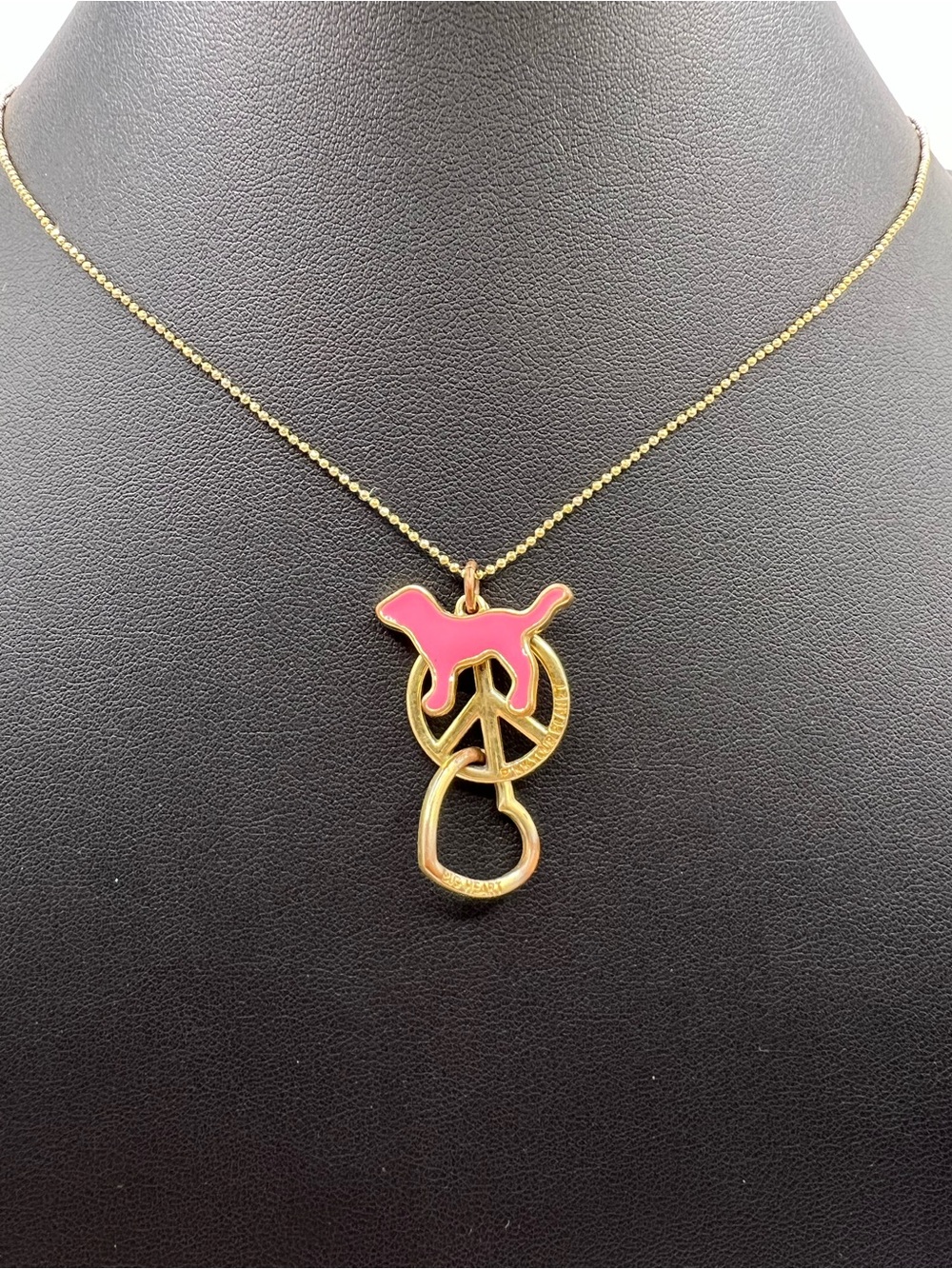 Vintage Victoria’s Secret PINK Dog Peace Heart Charm Necklace Gold